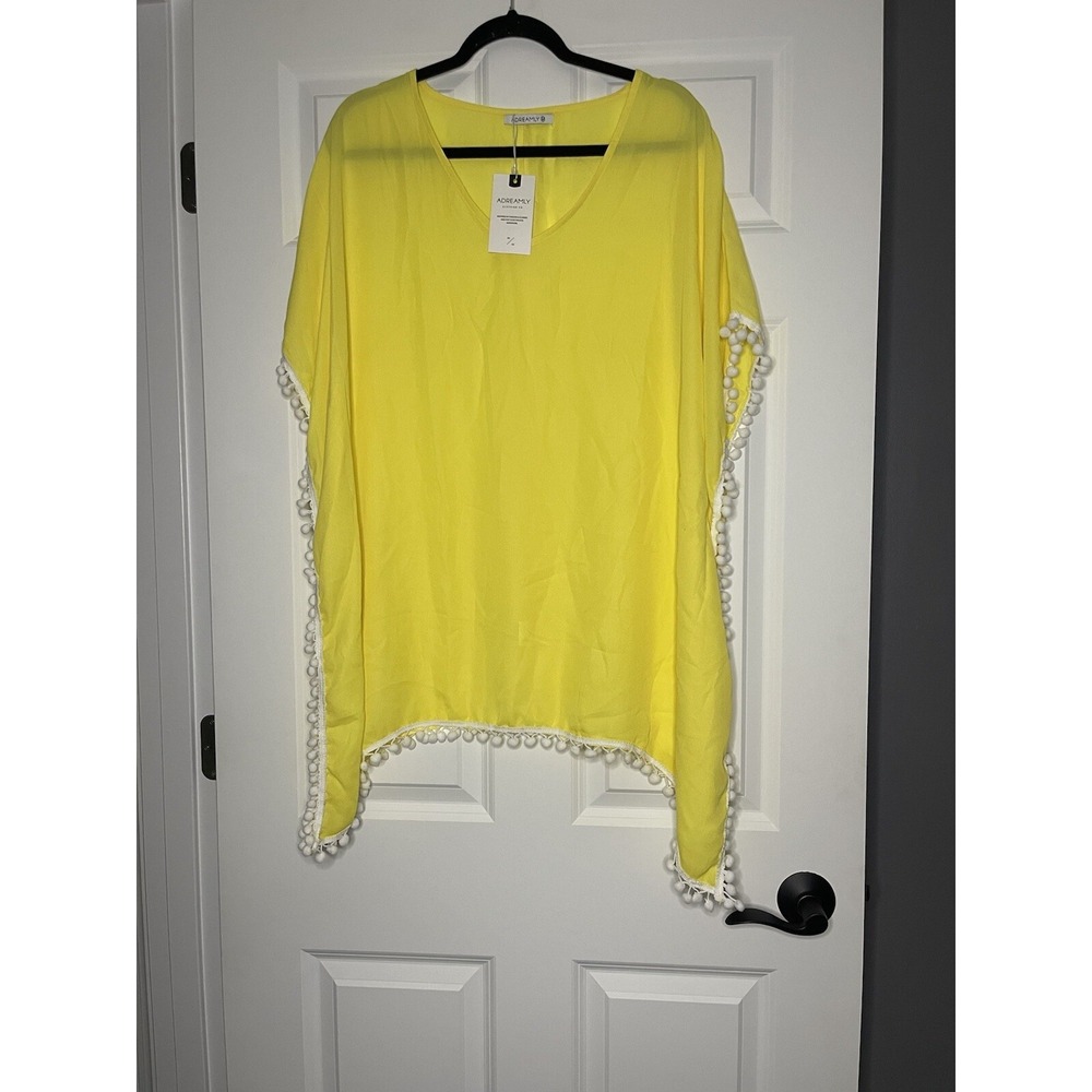 Adreamly Chiffon Pom Pom Trim Kafton swimsuit coverup yellow  medium NWT